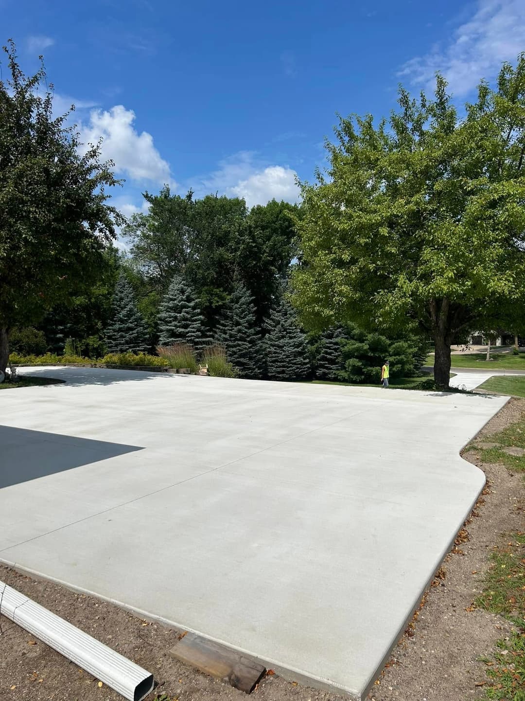 Newly poured concrete slab with trees and shrubs in a residential landscape.