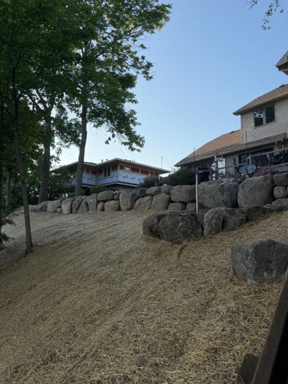 Sloped yard with large rocks, trees, and two houses under a clear blue sky.