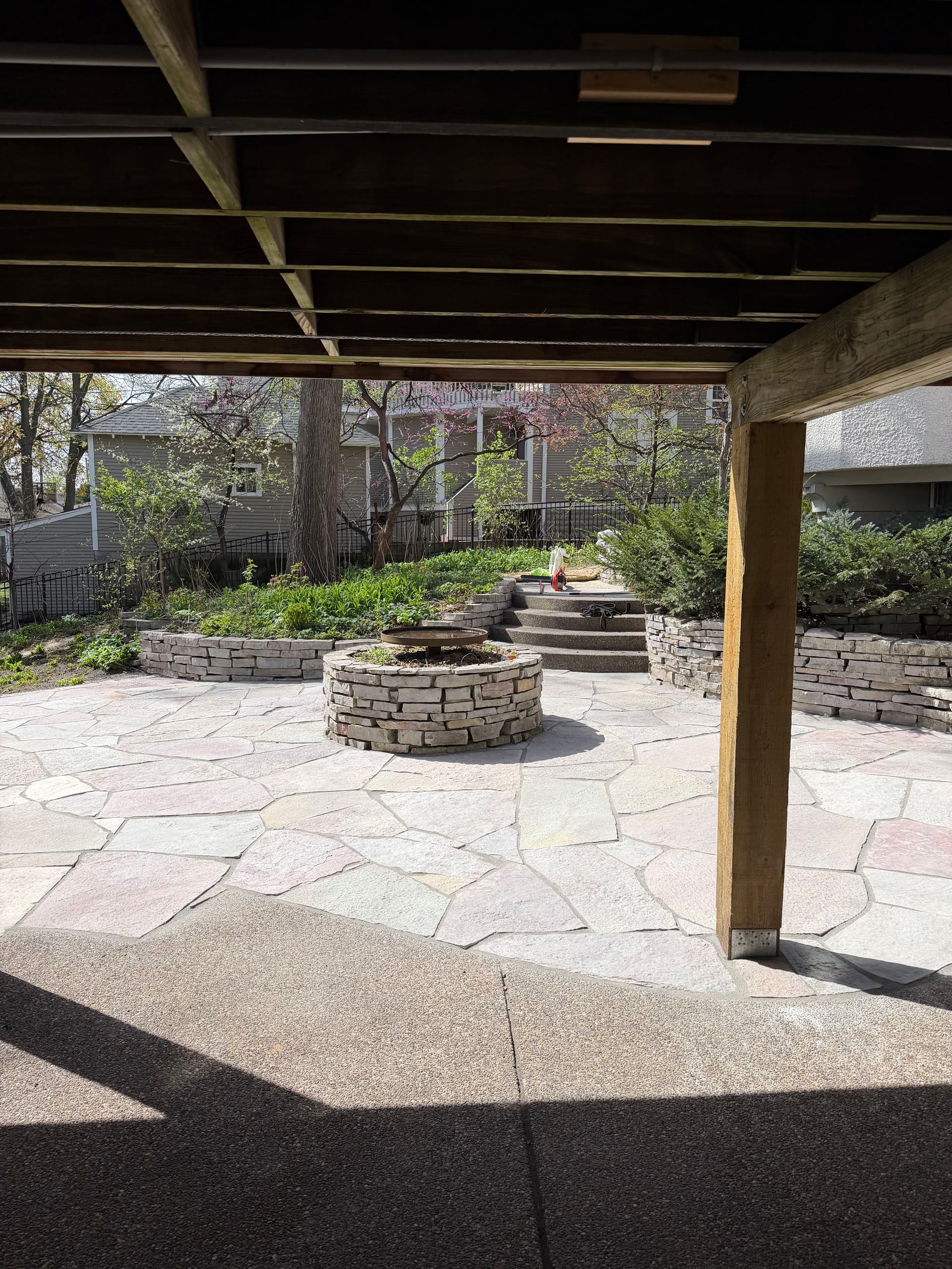 Chilton Flagstone Patio with Fire Pit and Retaining Walls