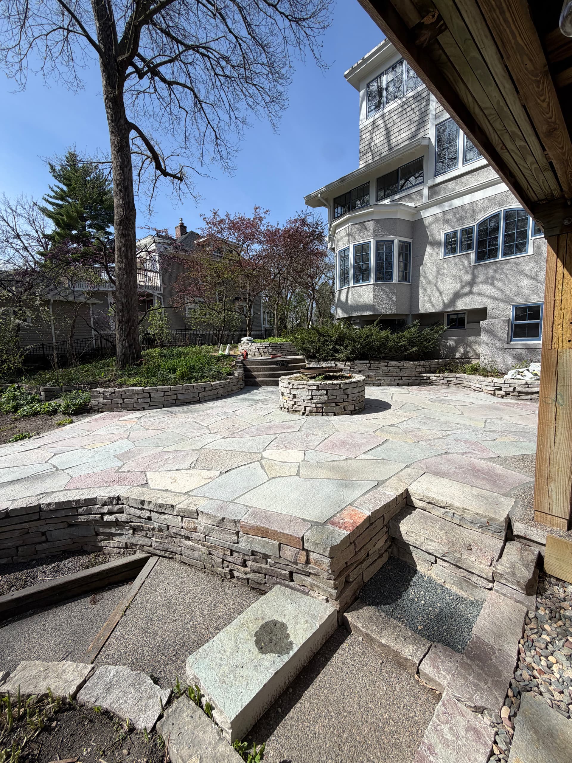 Chilton Flagstone Patio with Fire Pit and Retaining Walls